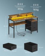 Gaming bord med LED lys 55 x 135 x 77cm med skuffesektion brun - Billede 3