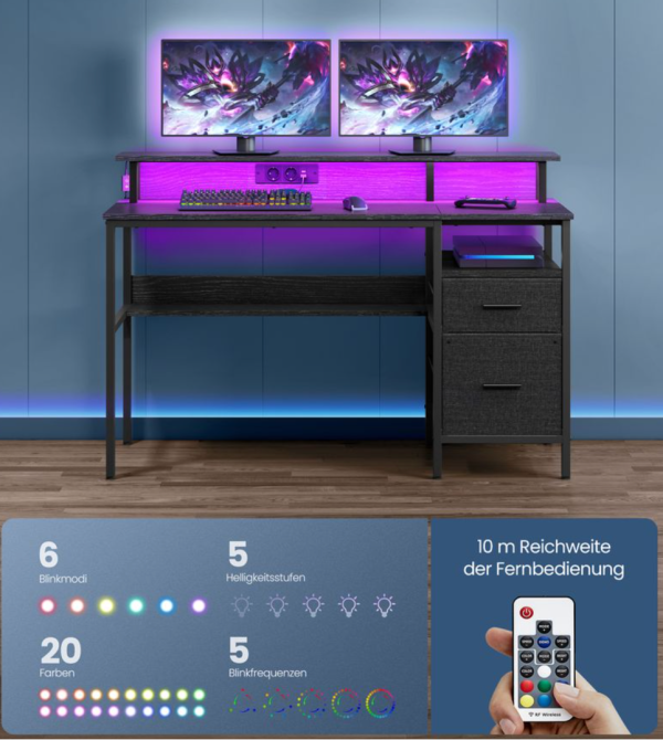 Gaming bord med LED lys 55 x 120 x 77 cm med skuffesektion - Billede 3